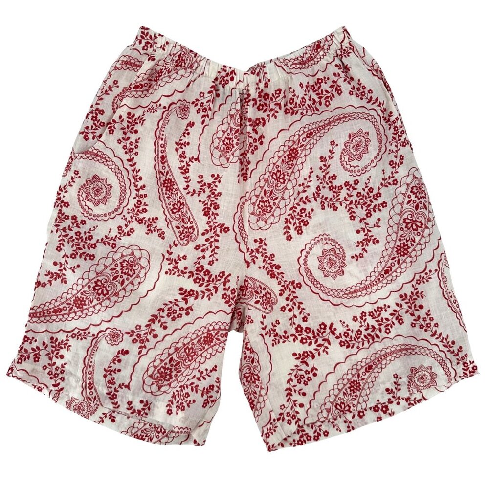 NWOT Flax Womens Red Paisley Print Linen Slash Pockets Elastic Waist Shorts S